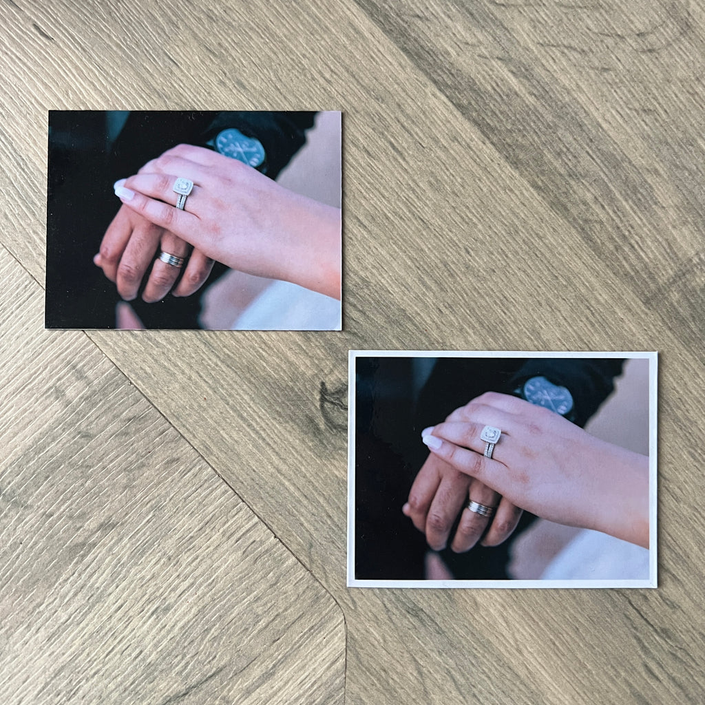 Two rectangle photo magnets of hands with rings.