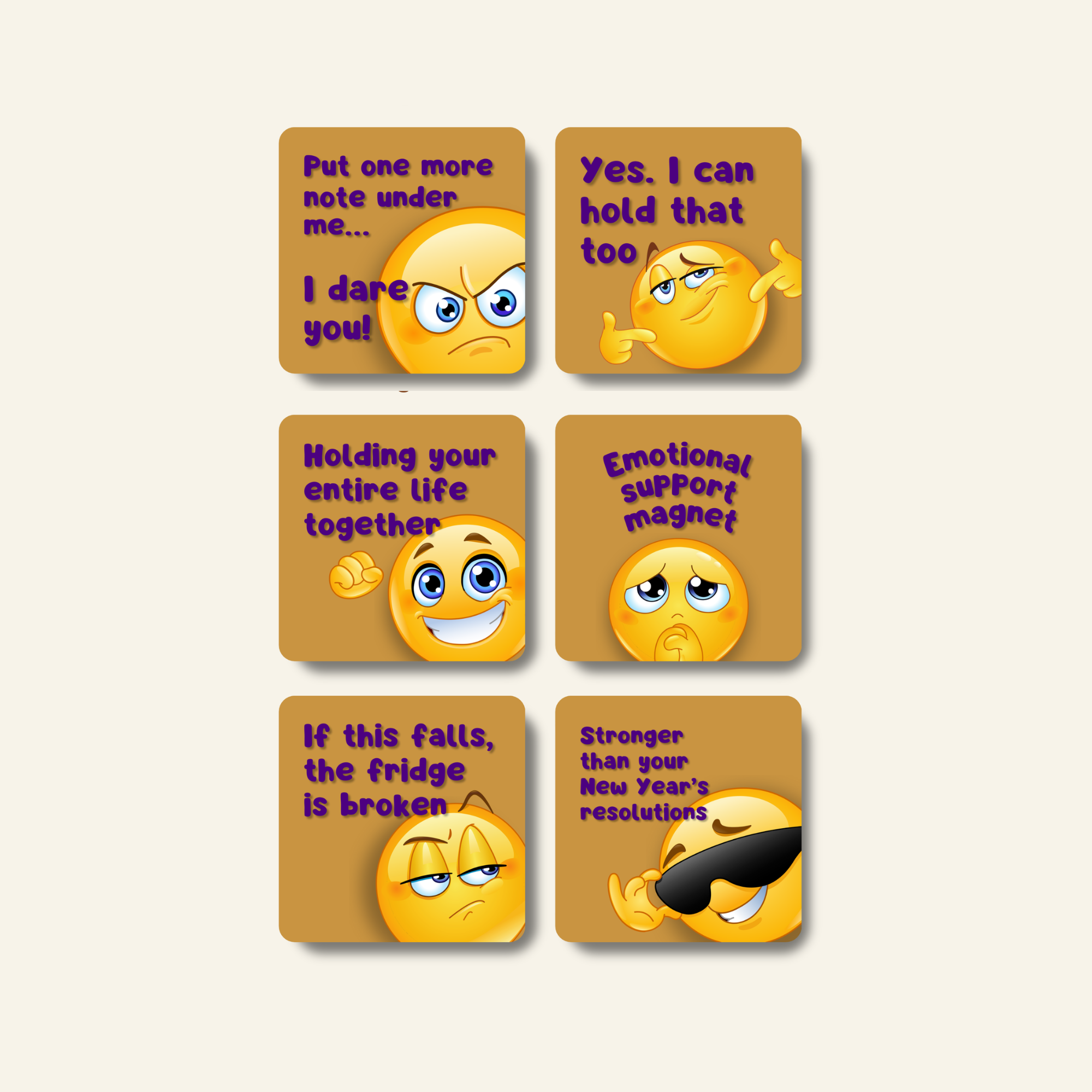 Six emoji themed funny fridge magnets.