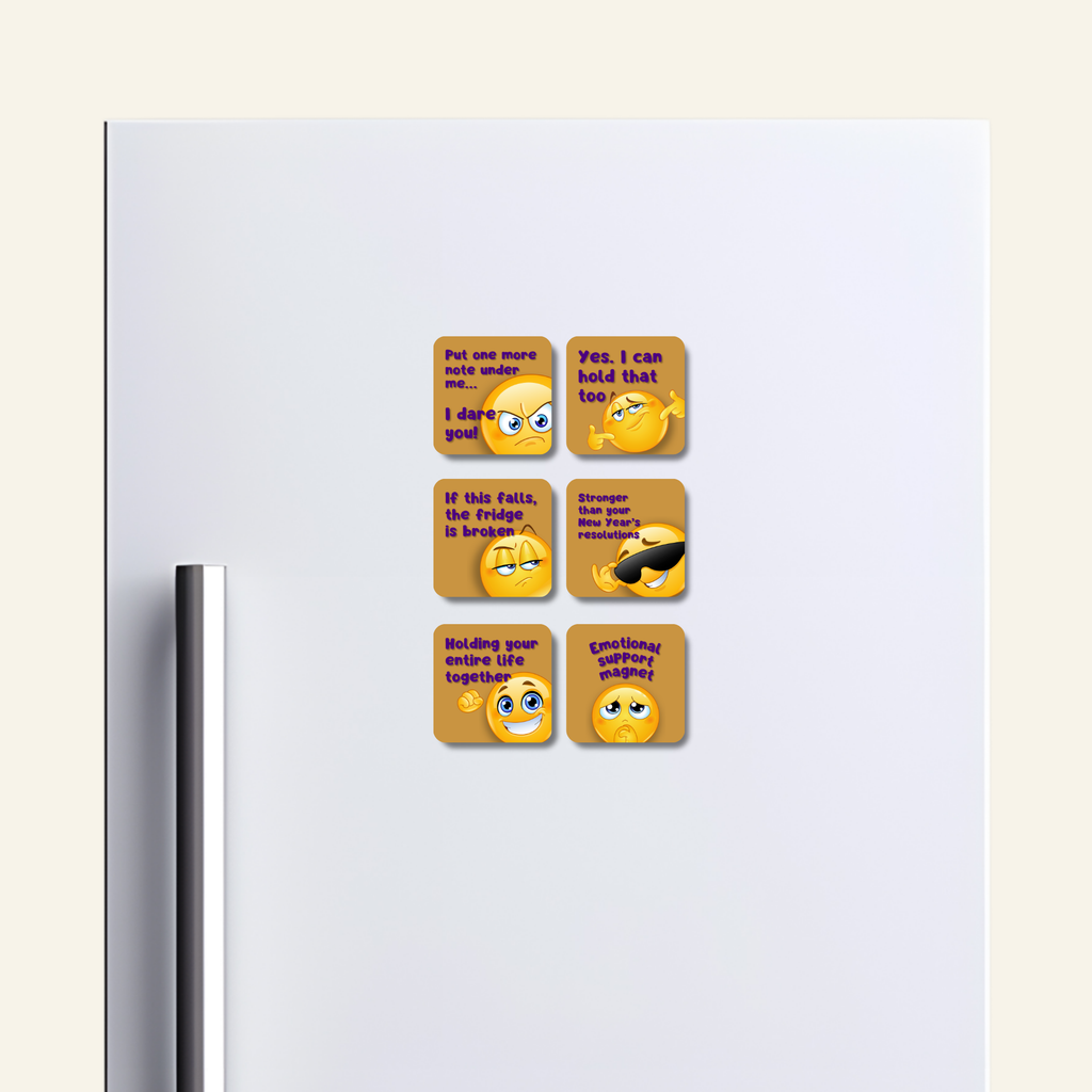 Set of emoji-themed magnets on a refrigerator door.