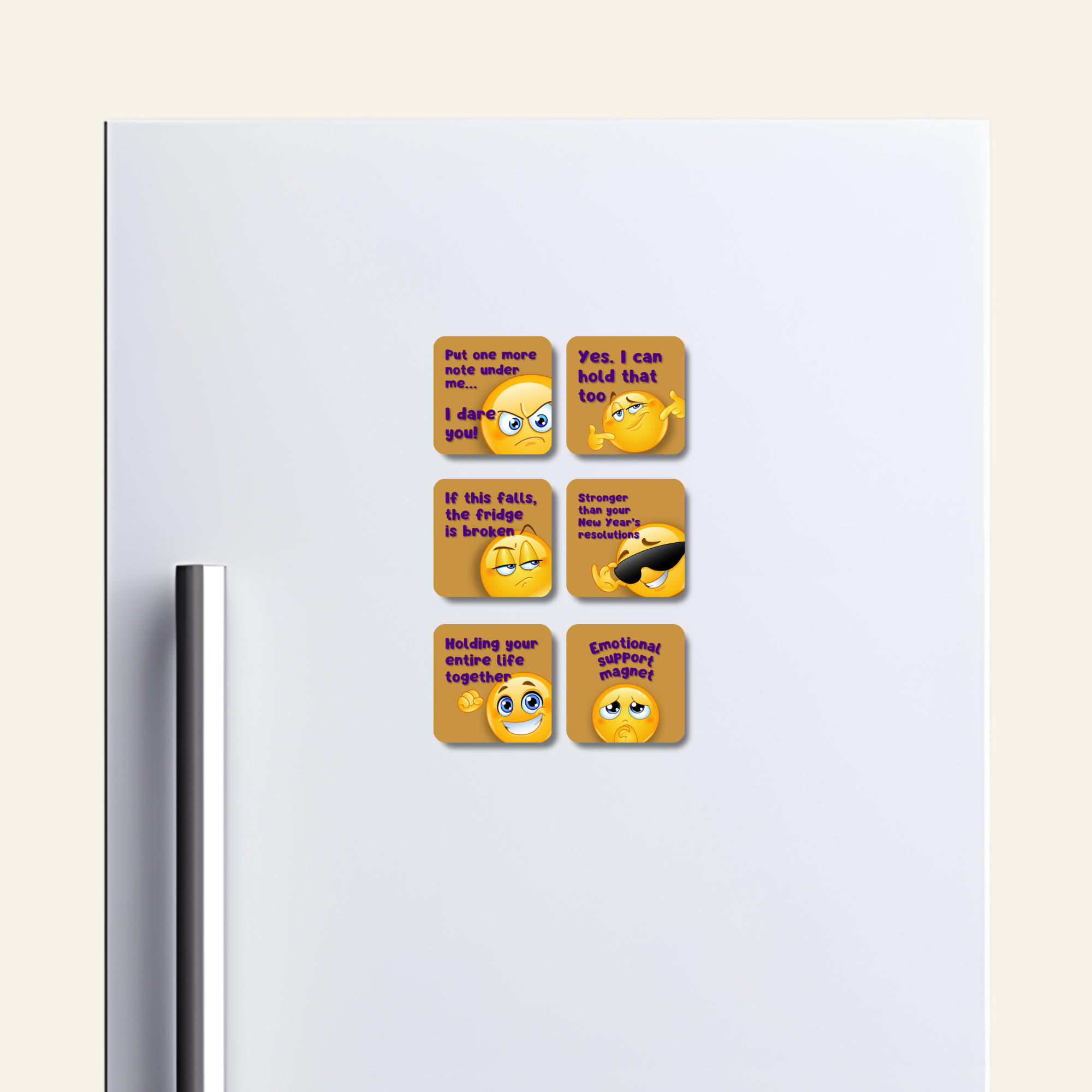 Set of emoji-themed magnets on a refrigerator door.