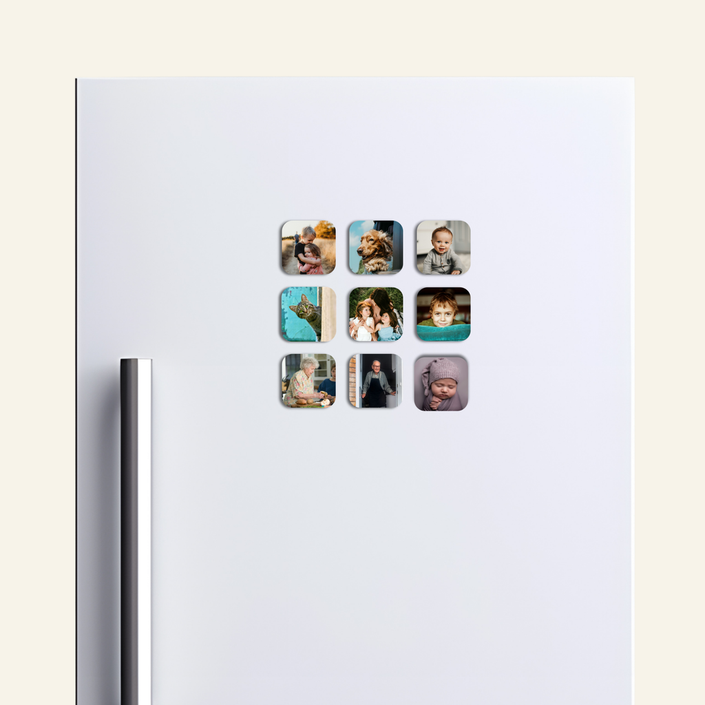 Set of nine Square photo magnets on a refrigerator door