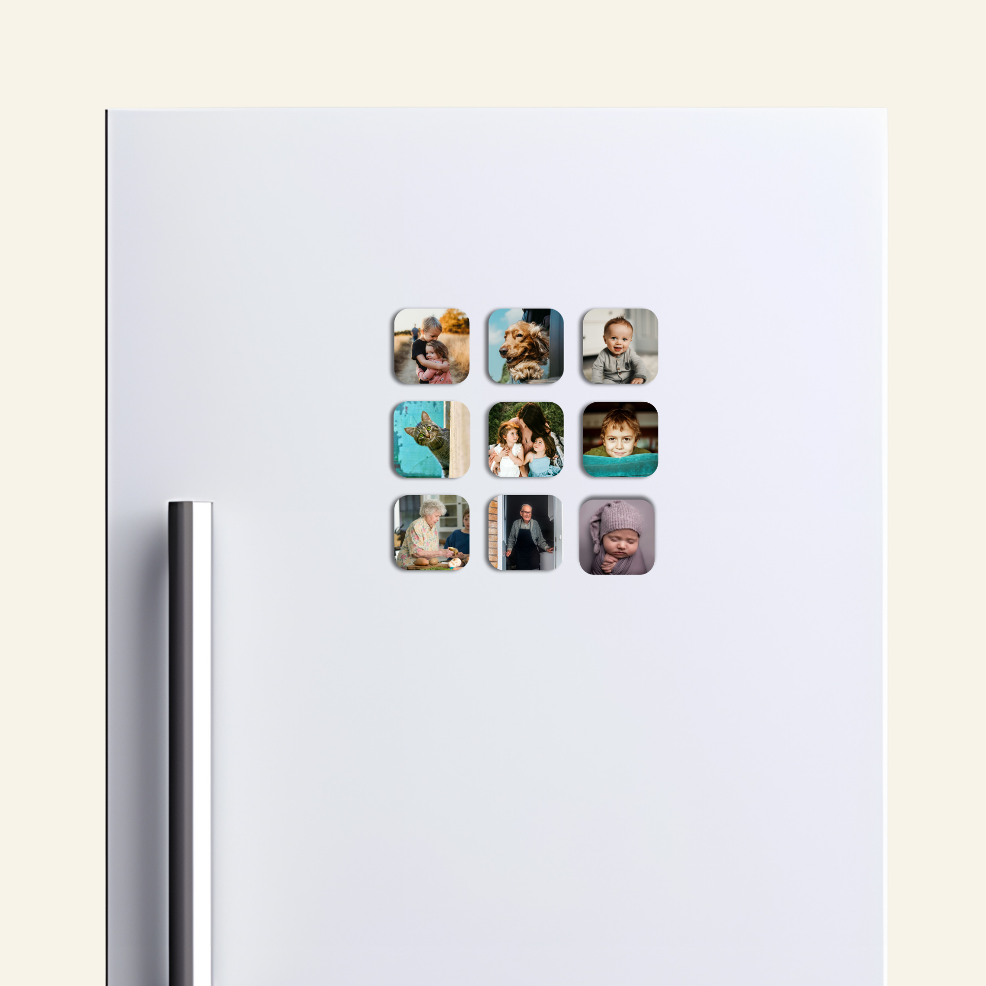 Set of nine Square photo magnets on a refrigerator door