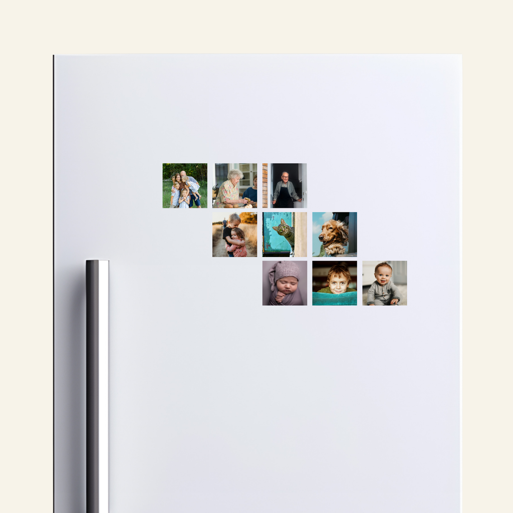 Fridge with a collage of family photo magnets.
