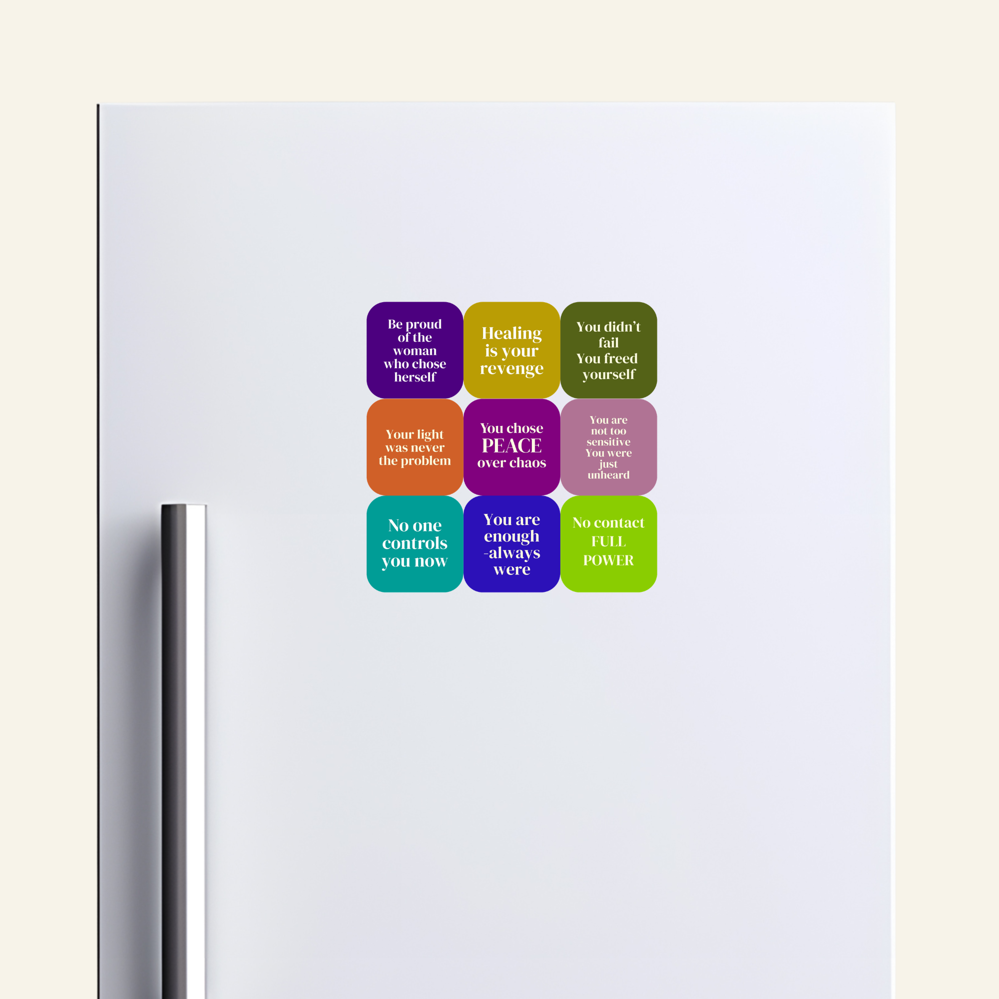 Colorful motivational magnets on a white fridge